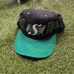 Saskatchewan Rough Riders Vintage leather strap back cap. Graffiti CFL football